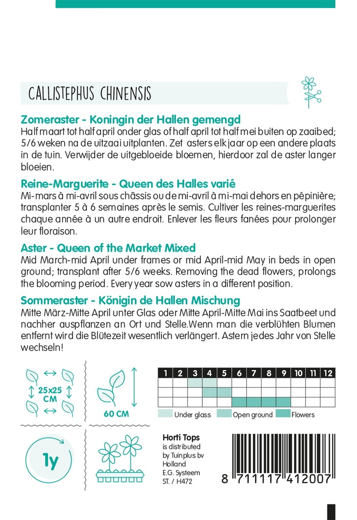 Callistephus, Zomeraster Koningin der Hallen gemengd - ca 1g