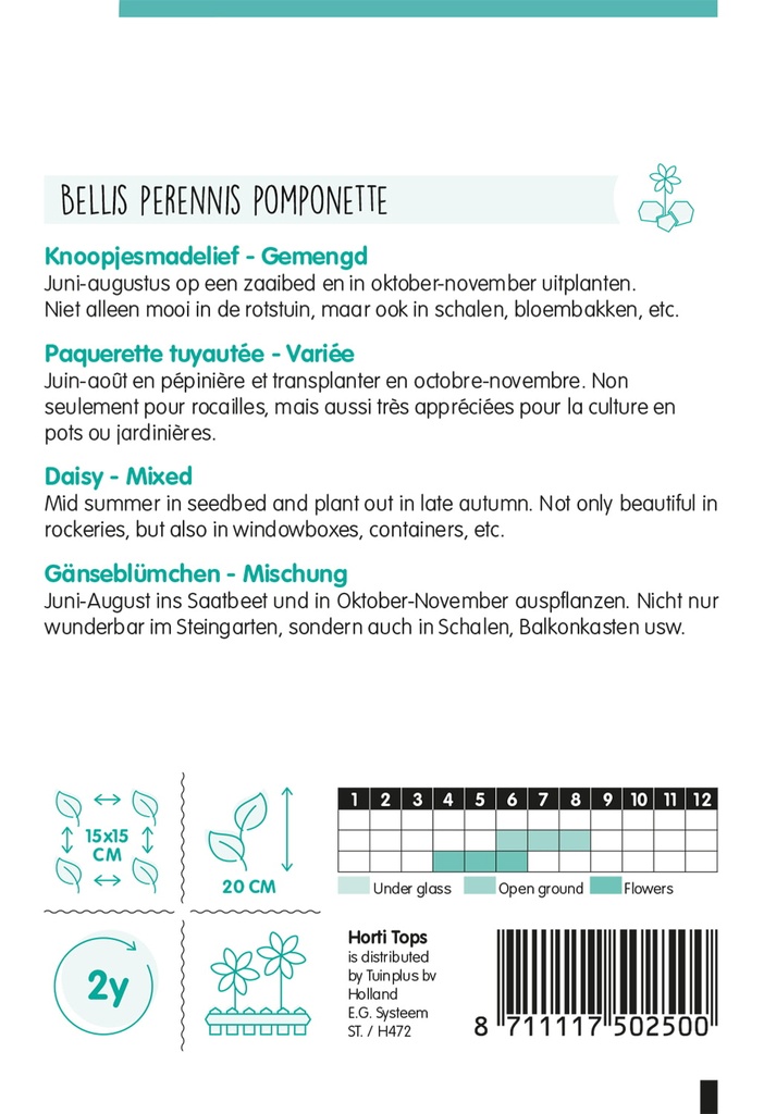 Bellis Perennis, Knoopjesmadelief Pomponette gemengd - ca 0,06 g